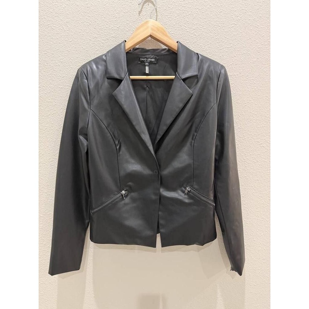 David Lerner Vegan Faux Leather Blazer Jacket Black Size S Zipper Pockets Cuffs